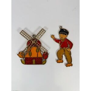 Vintage Dutch Windmill & Boy Stained Glass Sun Catcher Ornament Set